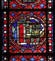 Fenster mit Darstellung einer Szene aus dem Leben des Heiligen Bonnet: das neue Kloster in Menat, nach einem Brand wieder aufgebaut und vom Heiligen gesegnet